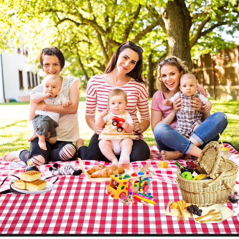 RealPero Extra Large Picnic Blanket Waterproof Camping Mat Rug with PU Carrier Soft Lightweight Portable Outdoor Mat for Travel Lawn Camping on Grass Sand-Proof Beach Red White Plaid - Image 5